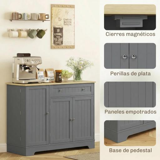Aparador de Cocina Armario de Cocina con 3 Estantes de Puerta Cajón Estantes Ajustables para Comedor 105x40x83 cm Gris [5]