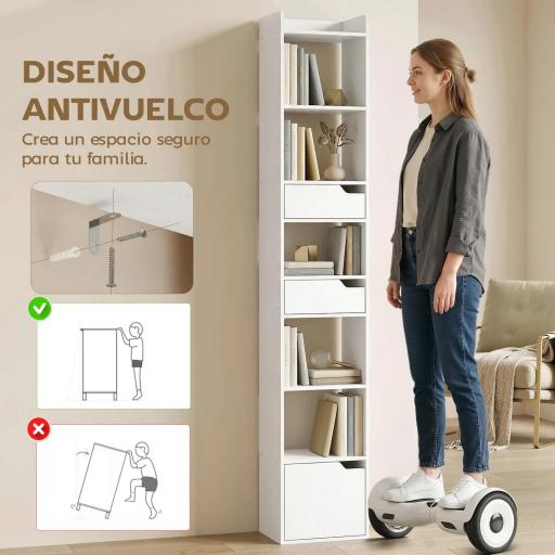 Estantería para Libros con 2 Cajones y Puerta Librería Estrecha con 6 Estantes Abiertos 32x24x181,5 cm Blanco [4]