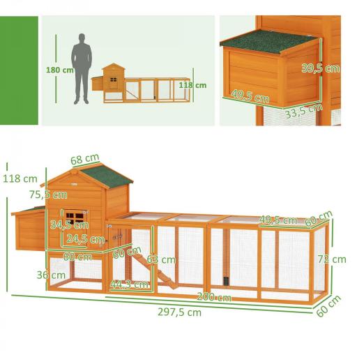 Gallinero de Madera Grande para 3-6 Gallinas con Techo Asfáltico Nido y Bandeja Extraíble 297,5x68x118 cm Natural [1]