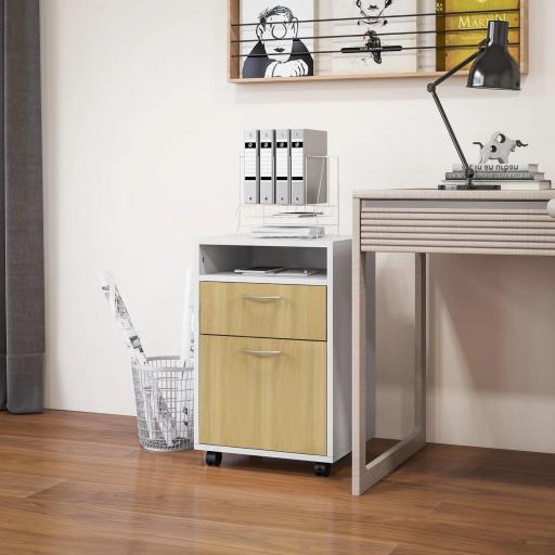 Cajonera de Oficina Móvil con Cajón y Armario con Ruedas Soporte de Impresora para Estudio 40x35x60 cm Blanco y Natural [6]
