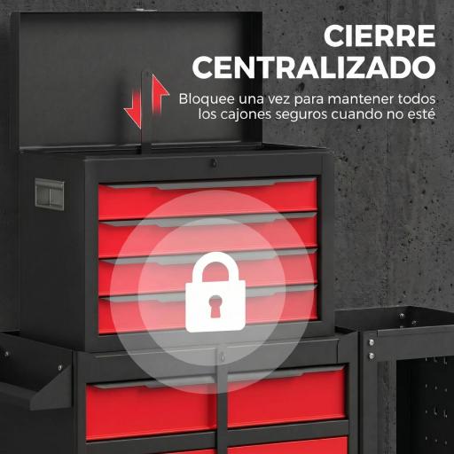 Carro de Herramientas con Ruedas 3 en 1 con 5 Cajones y Armario Inferior Paneles Perforados y Cerradura Negro y Rojo [1]