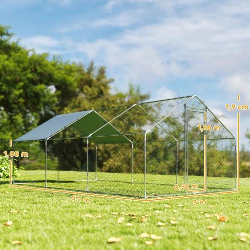 Gallinero para Exterior Grande de Acero Galvanizado 5,1x3x1,9 m 15,3 m² con Cubierta Tela Oxford y Cerradura Plata