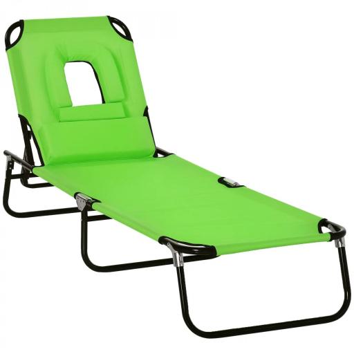 Tumbona Plegable con Respaldo Regulable en 4 Posiciones Tumbona de Jardín con Orificio de Lectura Almohada Marco Metálico y Tela Oxford para Playa Terraza Carga 120 kg 190x56x28 cm Verde [10]