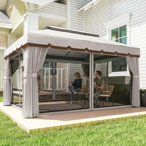 Cenador de Jardín 4x3m Pabellón de Jardín Gazebo con Doble Techo 4 Cortinas y Mosquitera Marco de Aluminio UPF50+ Crema [6]