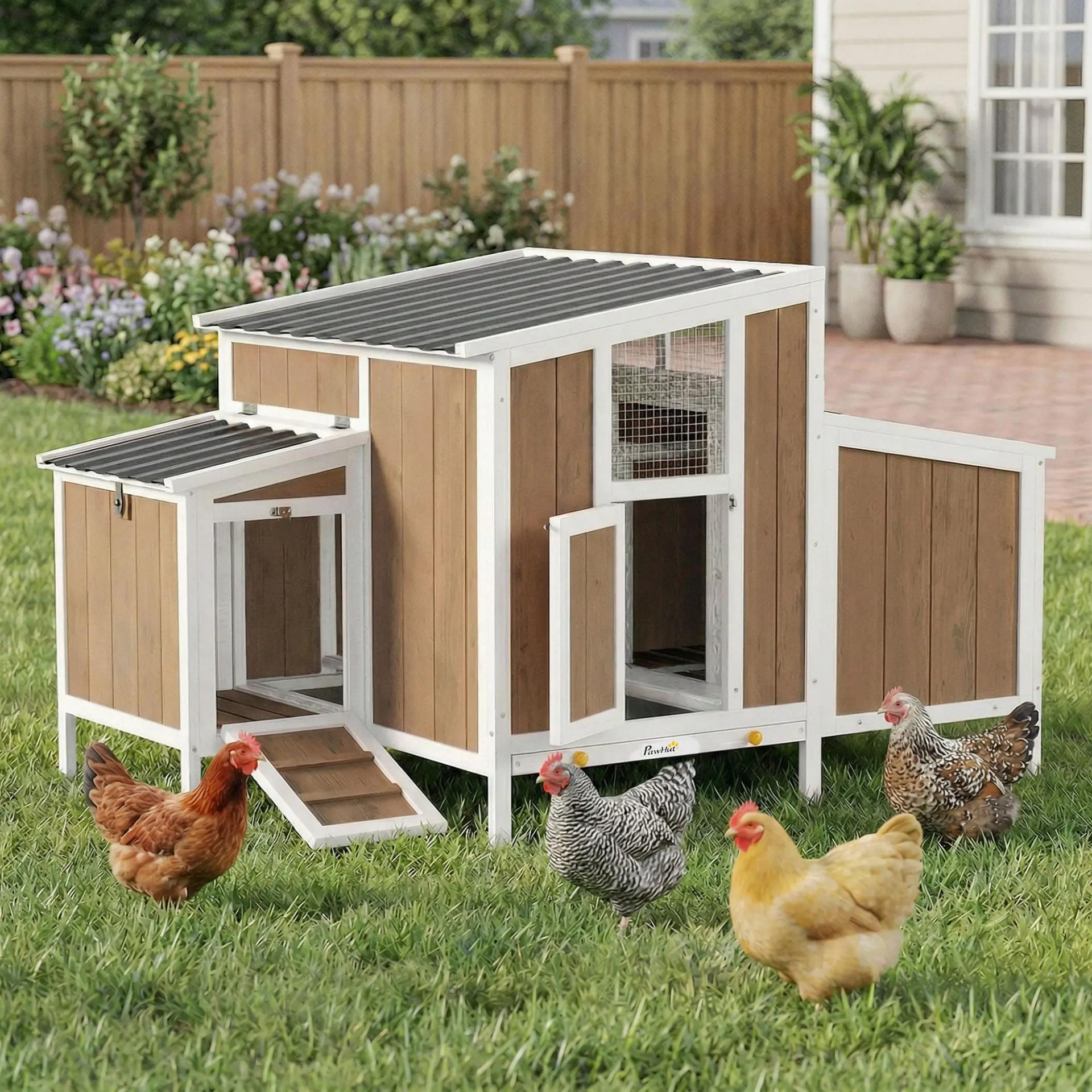 Gallinero para Exterior de Madera 145x90x92 cm para 2-4 Gallinas con Nido Casa Lateral Bandeja Extraíble Marrón Claro