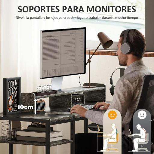 Mesa de Escritorio con Estantes Laterales Soporte para Monitor Ajustable y Estructura Móvil 120x48x85,5 cm Gris Carbón [7]