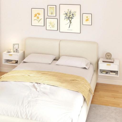 Juego de 2 Mesitas de Noche Flotantes con Cajón con Frente Ondulado y Estante Abierto Diseño Moderno 40x30x25 cm Blanco [2]