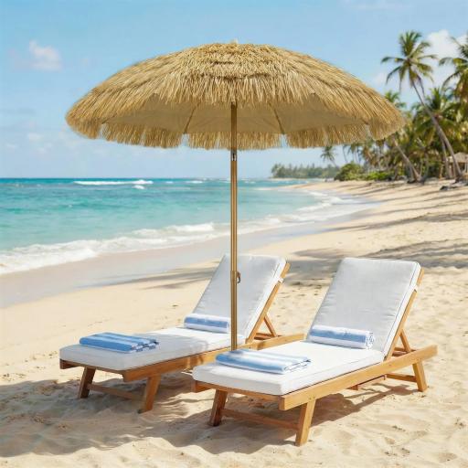 Sombrilla de Playa con Flecos de Paja Ø178 cm con Inclinación Altura Ajustable UV50+ Bolsa de Transporte Marrón Claro [0]