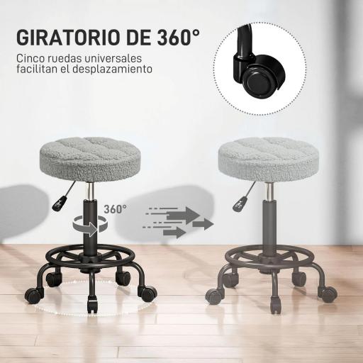 Taburete Giratorio Redondo Taburete con Ruedas Altura Regulable 50-66 cm Asiento Tapizado en Tejido de Borreguito Gris [6]