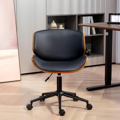 Silla de Escritorio sin Brazos Vintage Giratoria Tapizada en PU Madera Curvada Altura Ajustable Negro y Marrón [7]