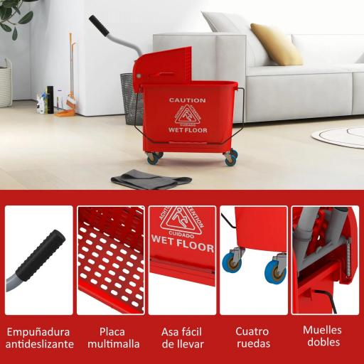 Cubo de Fregar 20L con Ruedas y Escurridor Cubo para Fregona con Separador de Agua 60x27x70,5 cm Rojo [2]