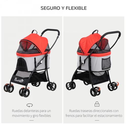 Carrito para Perros Pequeños 3 en 1 con Vagón Desmontable Cesta de Almacenaje Correas de Seguridad y Cojín Rojo [3]