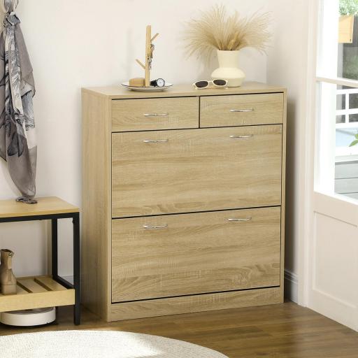 Mueble Zapatero Estrecho Armario de Zapatos con 2 Cajones Abatibles para 12 Pares de Zapatos 80x30x91,5 cm Roble