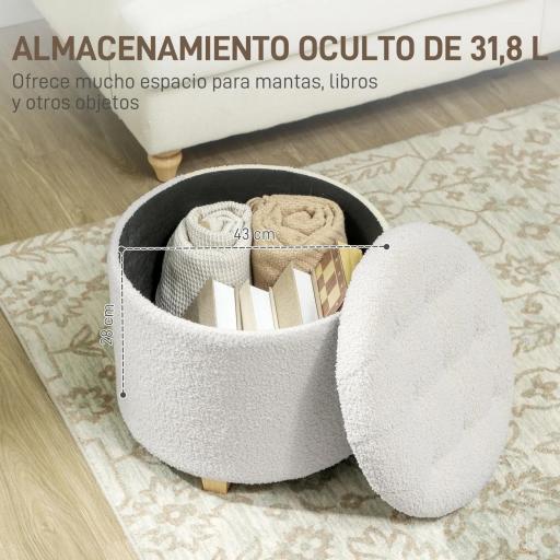 Puff Almacenaje Baúl de Almacenaje Redondo 40,5L 45x45x41 cm Tapizado en Borreguillo con Patas de Madera Blanco [2]