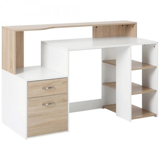 Mesa de Ordenador PC 137x55x92 cm Escritorio con Estantería de 3 Estantes 2 Cajones y Soporte para Impresora para Oficina Estudio Despacho Blanco y Roble [8]