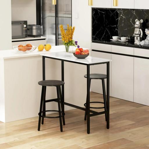 Conjunto de Mesa Alta de Bar con 2 Taburetes Redondo Set de 3 Piezas con Marco de Acero de Estilo Moderno Blanco y Negro
