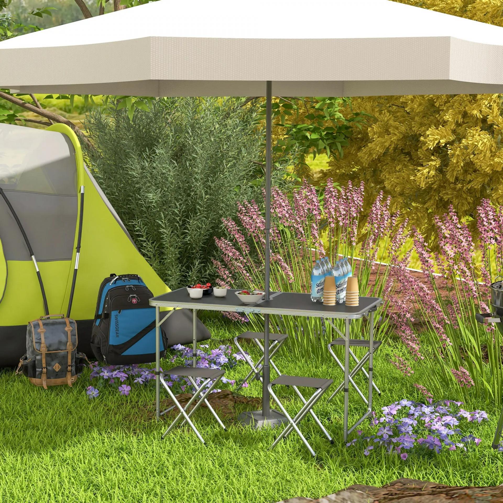 Mesa de Camping Plegable Tipo Maletín con 4 Taburetes plegables Mesa 120x60x55-70 cm y Taburetes 33x28x37 cm Negro