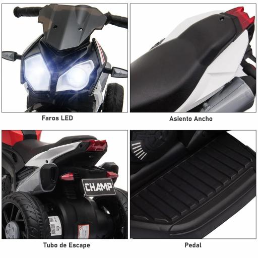 Moto Eléctrica Infantil con 3 Ruedas Trimoto para Niños de +3 Años con Batería 6V Recargable Funciones de Música Bocina Faros 86x42x52 cm Negro y Rojo [5]
