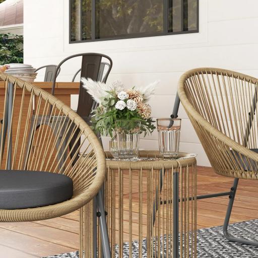 Juego de 2 Sillas y Mesa de Ratán con Cojines Acolchados y Encimera de Vidrio para Balcón Terraza Natural [6]