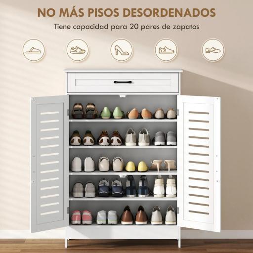 Armario para Zapatos con Puertas de Rejilla Cajón y Estantes Ajustables para 20 Pares de Zapatos 78x37x115,8 cm Blanco [4]