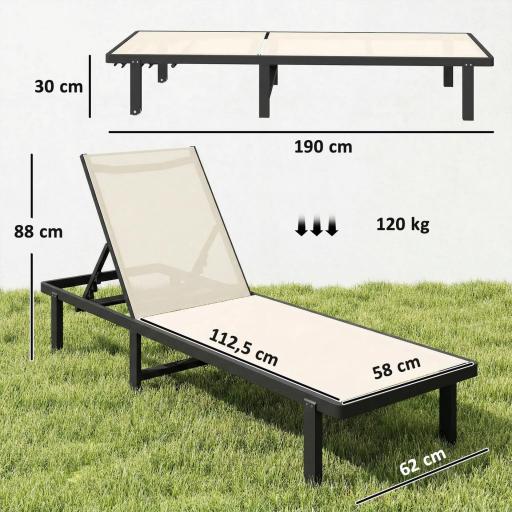 Conjunto de 2 Tumbonas Reclinables con Ruedas Respaldo Ajustable 4 Niveles Estructura de Aluminio Tela Textilene Beige [3]