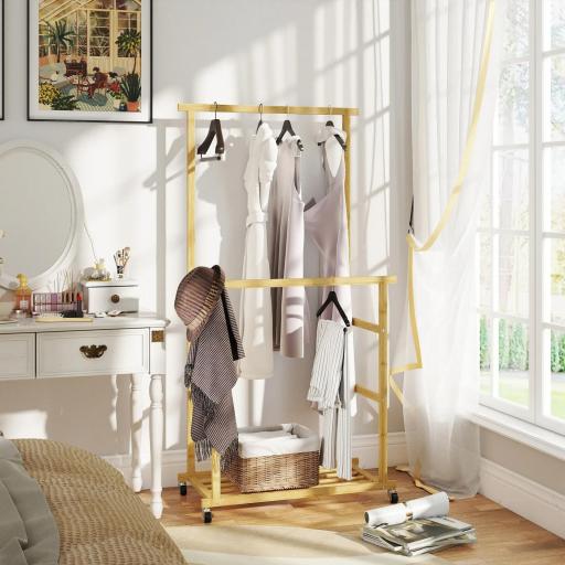 Perchero Colgador de Ropa de Bambú con Ruedas Estante para Zapatos 2 Barras para Colgar 80x40x160 cm Natural [7]
