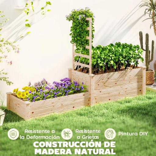 Jardinera Elevada con Celosía de Madera para Plantas Trepadoras y 2 Cajas de Cultivo 222x63x132 cm Natural [3]