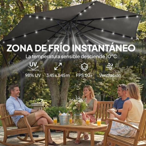 Parasol Excéntrico con Luces LED Solares Ø345 cm Sombrilla Jardín de Aluminio con Base Cruzada Manivela Funda Gris [5]