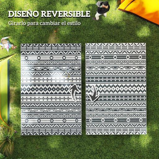 Alfombra de Exterior Reversible 182x274 cm con Patrón Geométrico de Cenefa Impermeable con Bolsa Gris y Blanco [3]