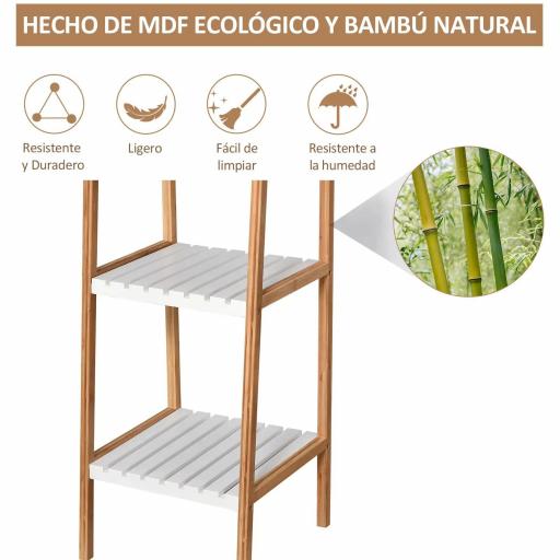 Estantería Escalera de Bambú de 4 Niveles Mueble de Almacenaje Multifuncional para Baño Salón Cocina 35x36x138,5 cm Blanco y Natural [5]