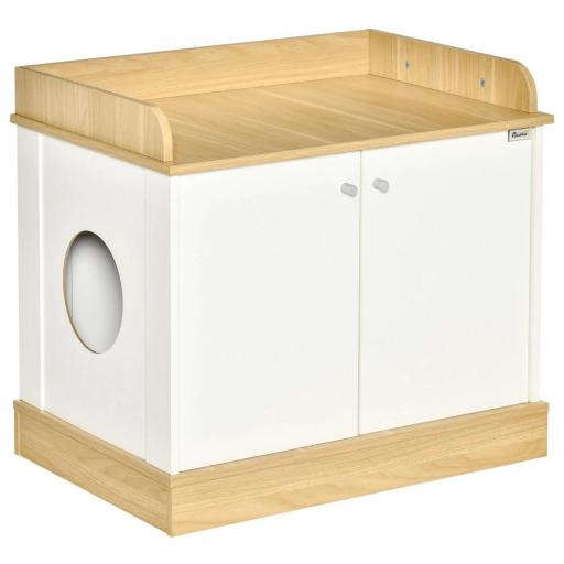 Casa para Gatos de Madera Mueble Arenero para Gatos 2 en 1 con Estante de Almacenaje Doble Puerta y Orificio de Entrada Lateral 75x53x67 cm Blanco y Roble [6]