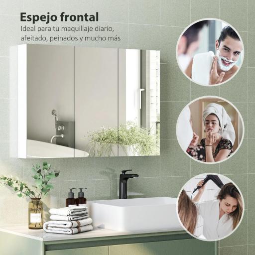 Armario de Baño con Espejo Armario de Pared con 3 Puertas Estantes Ajustables 91,5x11,5x65 cm Blanco [5]
