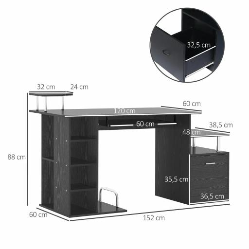 Mesa de Escritorio con 6 Estantes Cajón Bandeja de Teclado y Soportes para Monitor Impresora 152x60x88 cm Negro [1]
