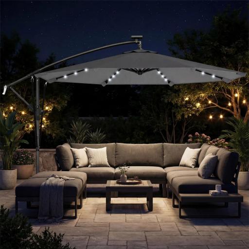 Parasol Excéntrico con Luces LED Solares 330x295 cm Sombrilla con Base Cruzada Manivela Funda Protectora Gris Oscuro