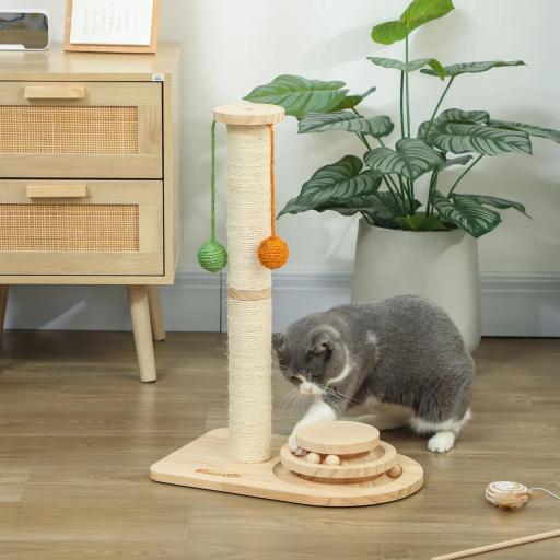 Poste Rascador para Gatos Altura 56,5 cm con 3 Bolas Colgantes Juguete de Pelota de Pista Madera Natural