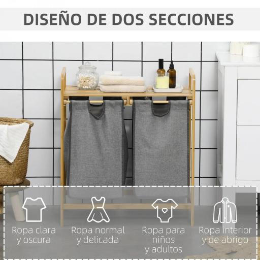 Cesto de Ropa Sucia de Bambú Cesto para la Colada con 2 Bolsas Extraíbles y Estante para Baño 63,5x33x73 cm Natural y Gris [5]