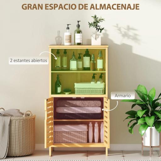Mueble Auxiliar de Baño de Bambú Mueble de Baño con 2 Puertas 2 Estantes Abiertos y Patas Elevadas 50x29x92 cm Natural [2]