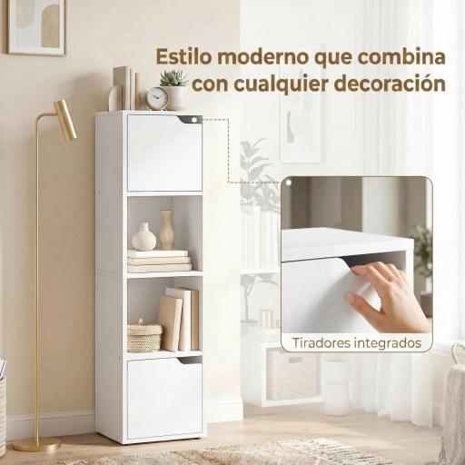 Estantería para Libros con 2 Puertas Librería Estrecha de 4 Niveles con 2 Estantes Abiertos 30x29x119 cm Blanco [6]