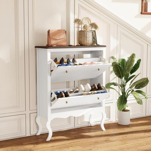 Zapatero Estrecho con 2 Cajones Abatibles Estantes Ajustables para 16 Pares de Zapatos 84x29x109 cm Blanco