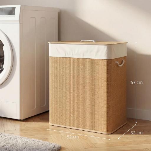 Cesto de Ropa Sucia de Bambú con 2 Compartimentos Asas para Facilitar el Uso y Bolsas Desmontables Lavables 52x32x63 cm [1]
