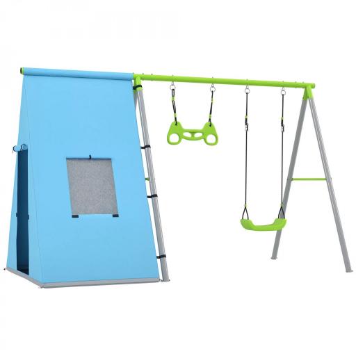 Columpio Infantil 3 en 1 con Tienda Anillas y Altura Ajustable para Niños de 3-8 Años Estructura Metálica 283x180x182 cm [9]