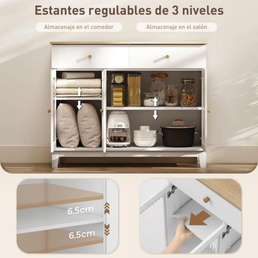 Aparador para Salón Moderno con 3 Puertas de Vidrio Estriado 2 Cajones y Estantes Ajustables 100x35x80,3 cm Blanco [5]