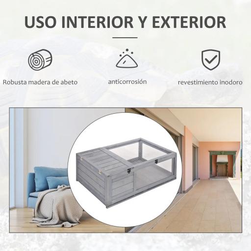 Casa para Tortugas de Madera con Techo de Malla y Paneles Laterales Transparentes Extraíbles 91x60,5x32 cm Gris [4]