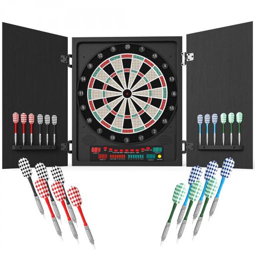 Diana Electrónica Digital hasta 8 Jugadores con 12 Dardos y 30 Puntas con Pantalla LED Puertas 27 Juegos Distintos y 202 Variantes 51x6,5x57 cm Negro [9]