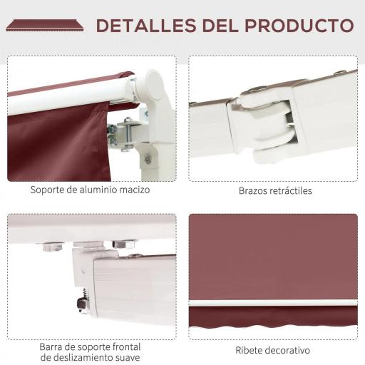 Toldo Retráctil Manual 3,5x2,5 m con Ángulo Ajustable Manivela Estructura de Aluminio y Protección UPF30+ Rojo Vino [4]