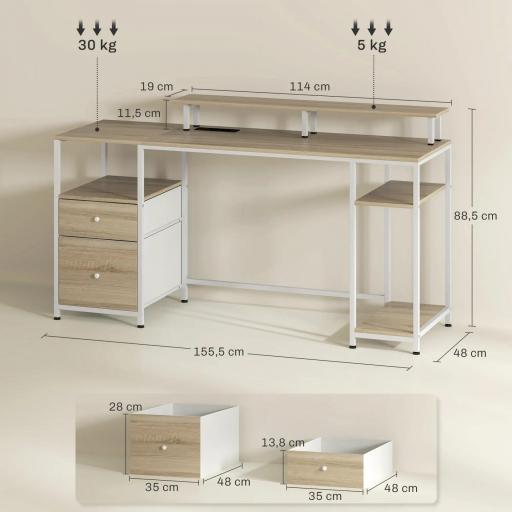 Mesa de Escritorio con Luces LED Cajones Tomas de Corriente Puertos USB y Soporte para Monitor 155,5x48x88,5 cm Natural [1]