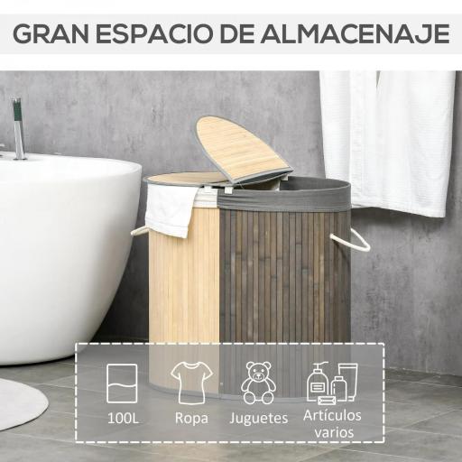 Cesto para Ropa Sucia de Bambú Capacidad de 100L Cesta para la Colada con 2 Compartimentos 62,5x37x60,5 cm Gris [2]