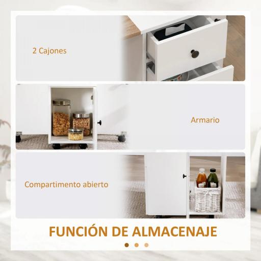 Mesa Plegable de Comedor con Ruedas Alas Abatibles 2 Cajones y Armario Hasta 6 Personas 120x60x76,5 cm Blanco y Natural [4]