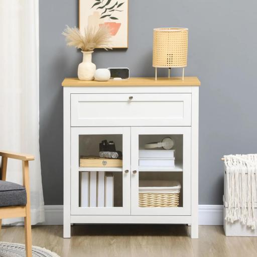 Aparador de Cocina Moderno Mueble Buffet Auxiliar con Cajón Estante Ajustable y 2 Puertas de Vidrio 80x40x90 cm Blanco [9]