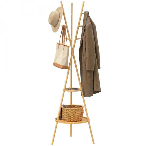 Perchero de Pie de Bambú Perchero para Ropa con 2 Estantes y 9 Ganchos Diseño Elegante 58,5x58,5x176 cm Natural [9]